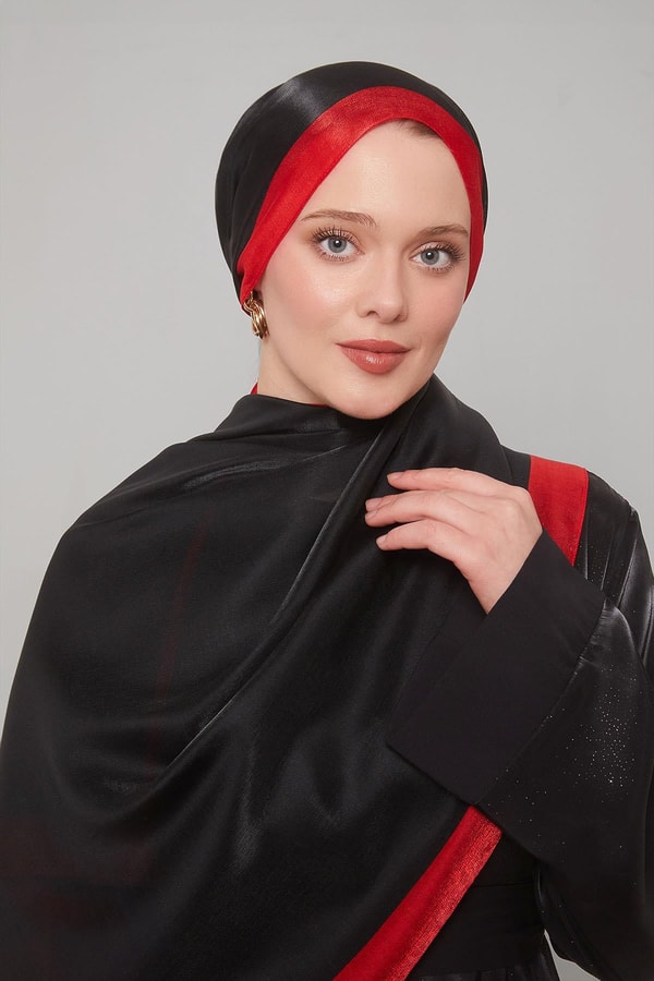 Siyah - Kırmızı Şerit Desen Kehribar Şal