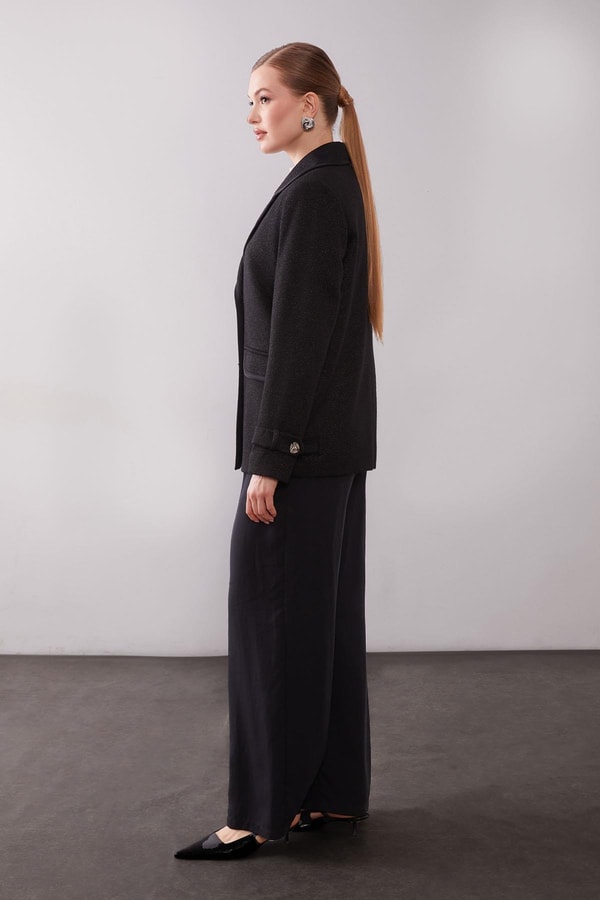 Siyah Kruvaze Kenar Şeritli Kaşmir Ceket