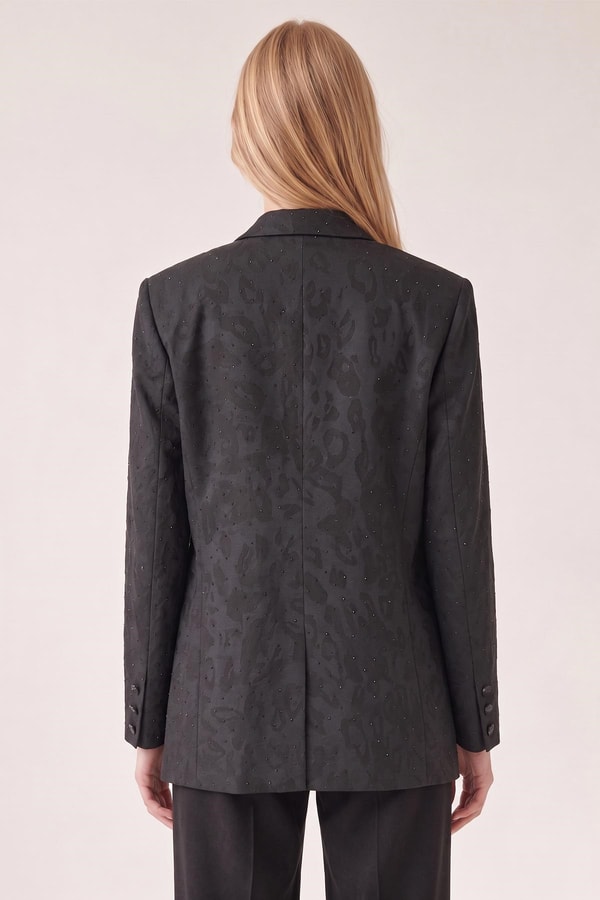 Leopar Dokulu Taş Detaylı Blazer Ceket Siyah