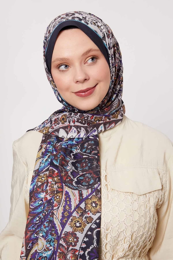 Siyah - Mavi Soyut Çiçek Desen Love Şal
