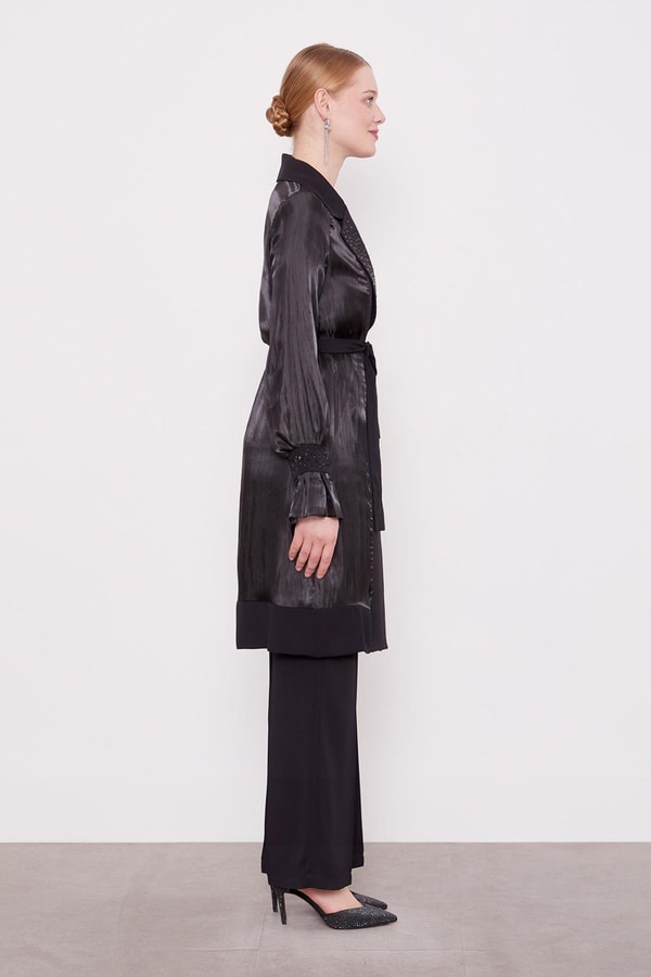 Siyah Taşlı Saten Ceket Üçlü Takım