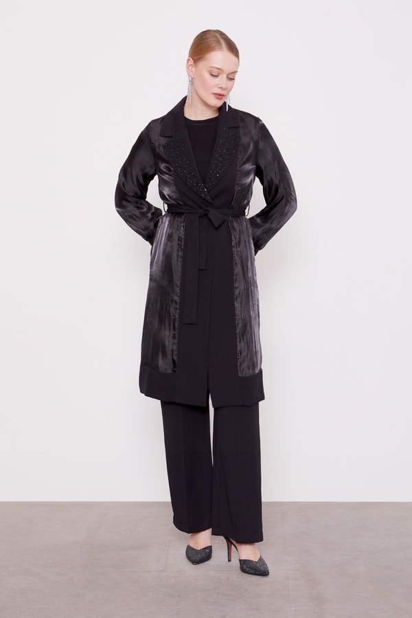 Siyah Taşlı Saten Ceket Üçlü Takım