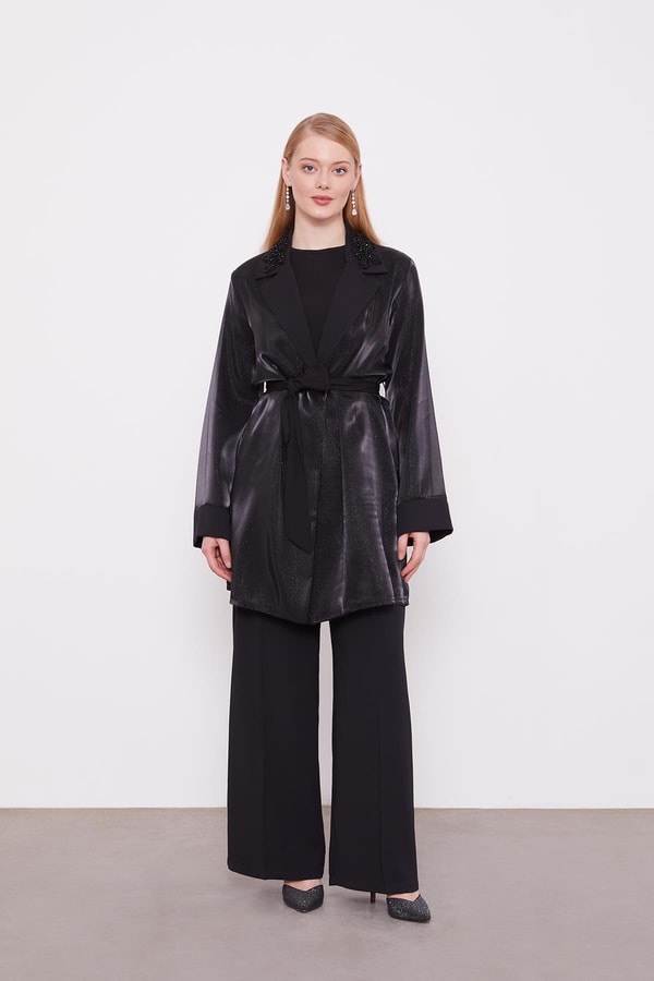 Siyah Üçlü Simli Görünüm Ceket Takım