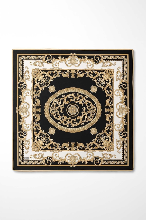 Siyah Varak Desen Twill İpek Eşarp