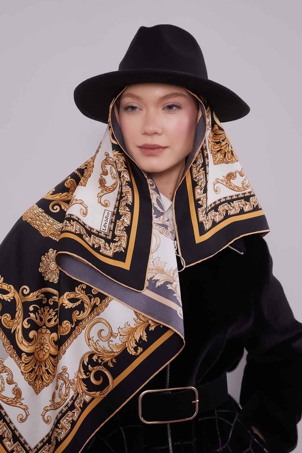 Siyah Varak Desen Twill İpek Eşarp