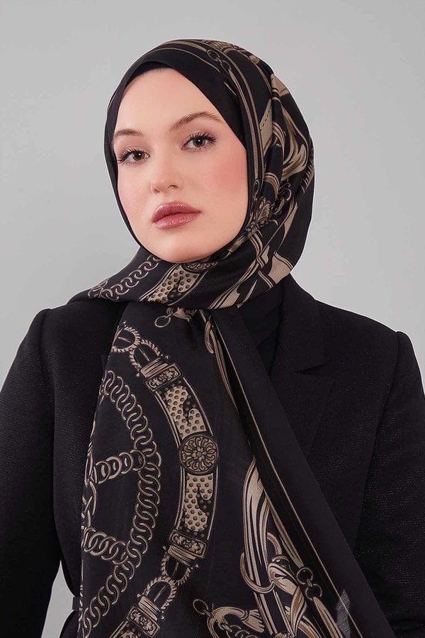 Siyah - Vizon Karışık Desenli Yün İpek Şal