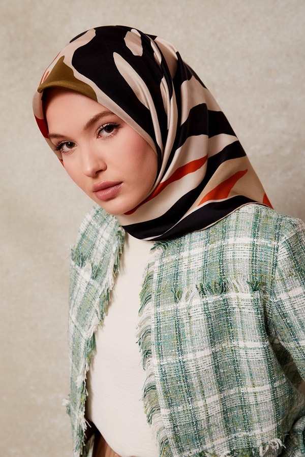 Siyah - Vizon Zebra Desen Twill İpek Eşarp