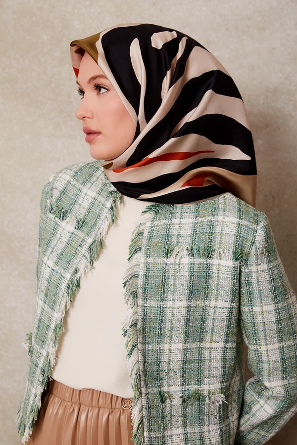 Siyah - Vizon Zebra Desen Twill İpek Eşarp