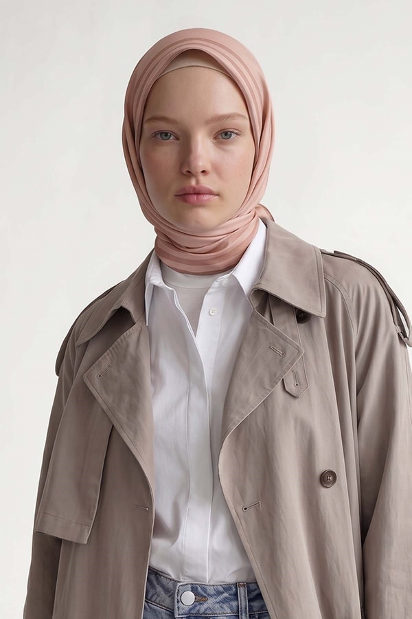 Somon Üç Çizgi Detaylı Twill İpek Eşarp