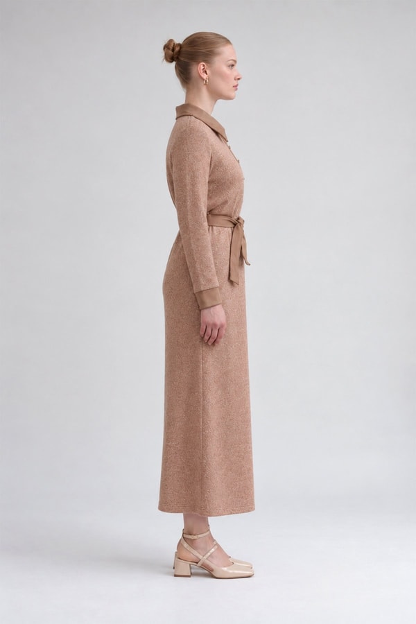 Süet Garnili Kaşmir Elbise Camel