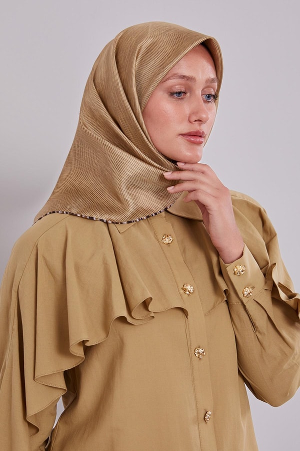 Sütlü Kahve Çizgili Twill İpek Eşarp