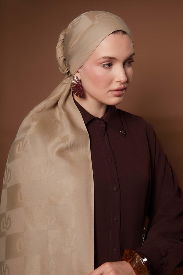 Sütlü Kahve Kare LVD Baskılı Naia Jakar Şal