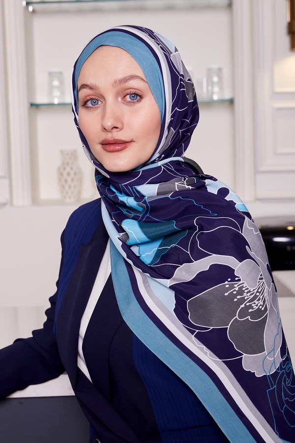 Turkuaz Çiçek Desen Royal Şal