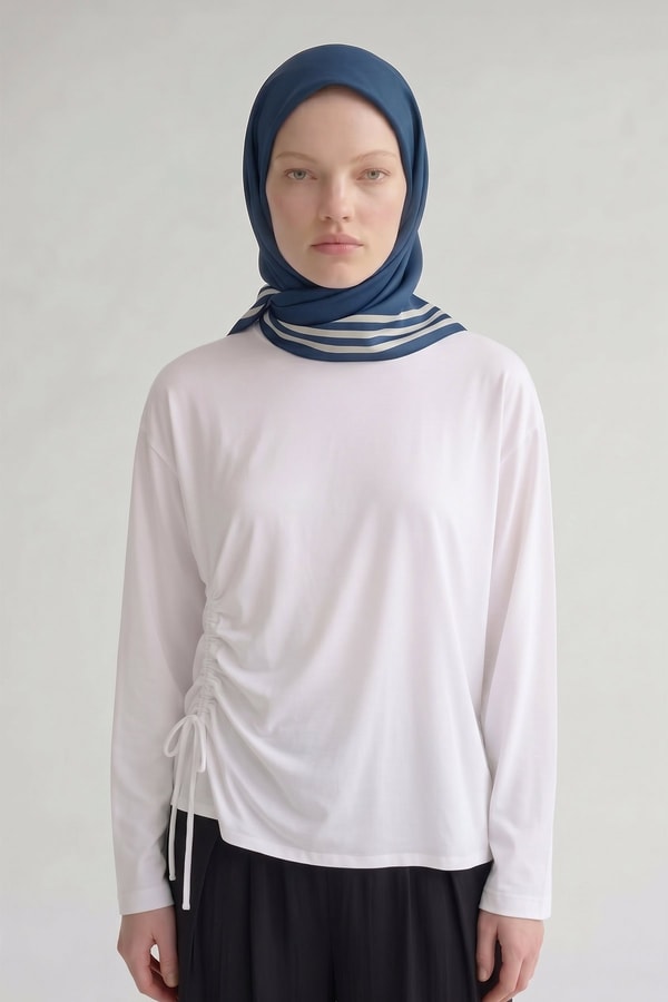 Üç Çizgi Detaylı Twill İpek Eşarp Saks