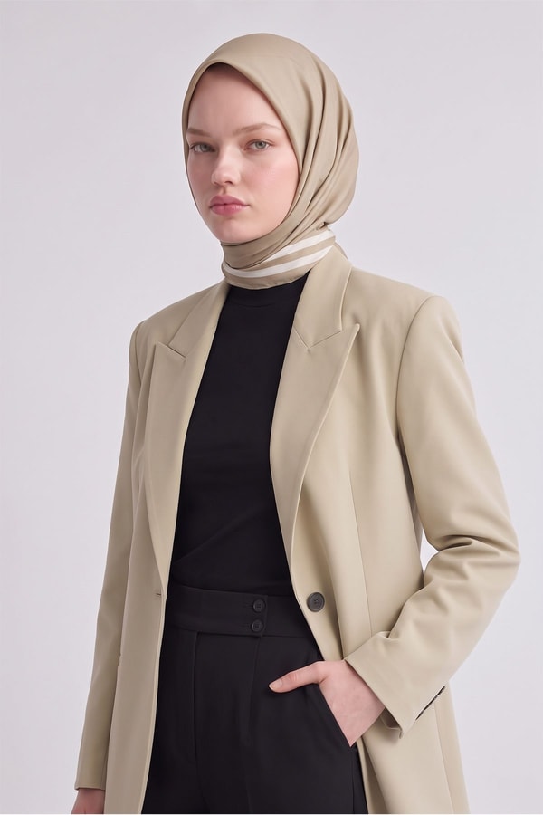 Üç Çizgi Detaylı Twill İpek Eşarp Yağ Yeşili