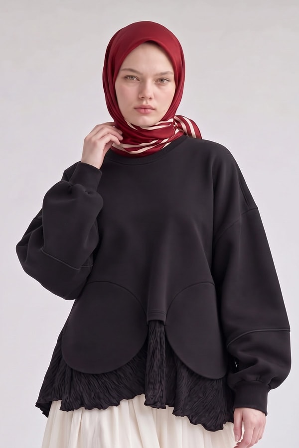 Üç Çizgi Detaylı Twill İpek Eşarp Kırmızı