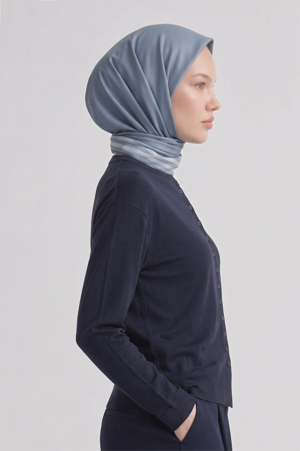 Üç Çizgi Detaylı Twill İpek Eşarp Bebe Mavisi