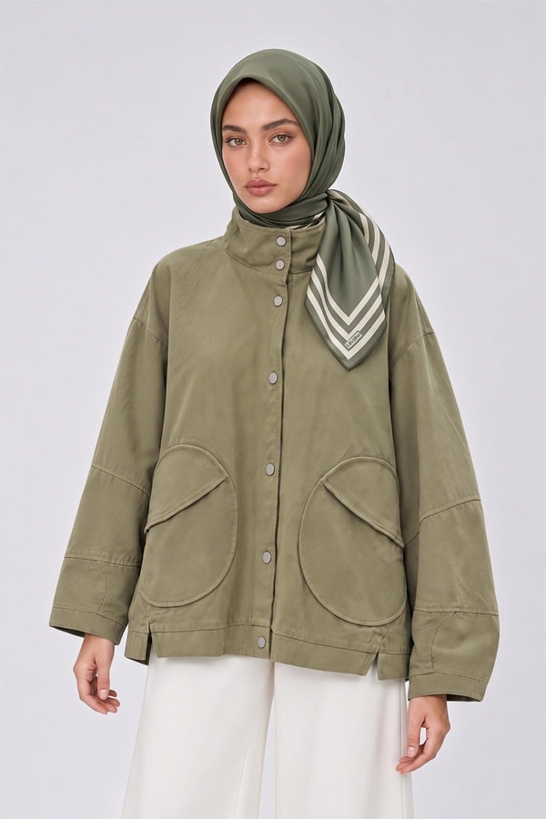 Üç Çizgi Detaylı Twill İpek Eşarp Yeşil
