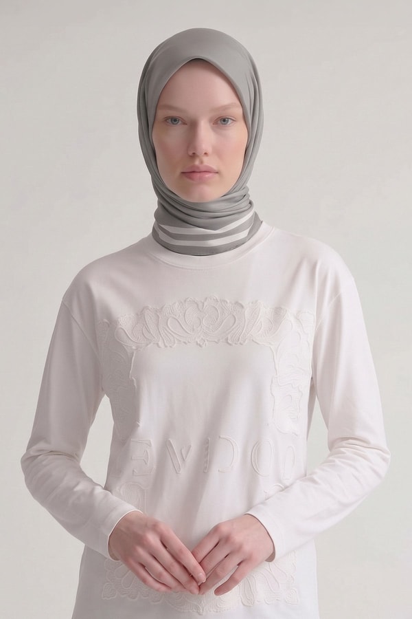 Üç Çizgi Detaylı Twill İpek Eşarp Gri