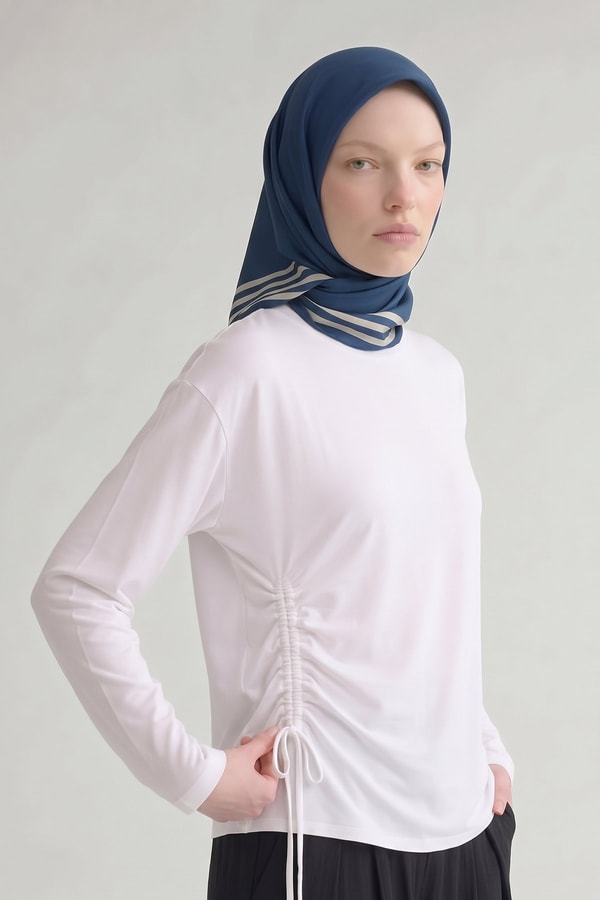 Üç Çizgi Detaylı Twill İpek Eşarp Saks