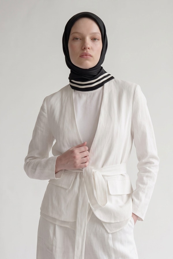 Üç Çizgi Detaylı Twill İpek Eşarp Siyah