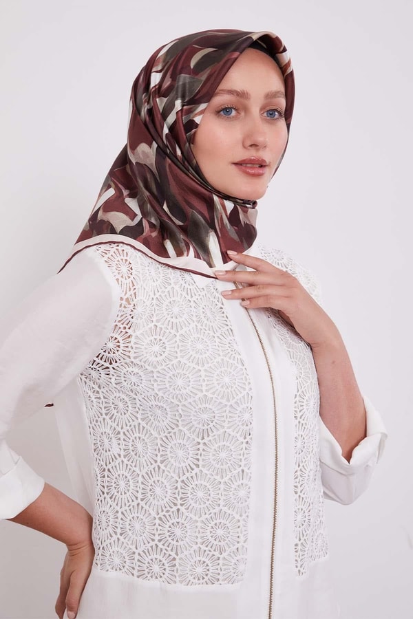 Vişne Ebruli Desen Twill İpek Eşarp