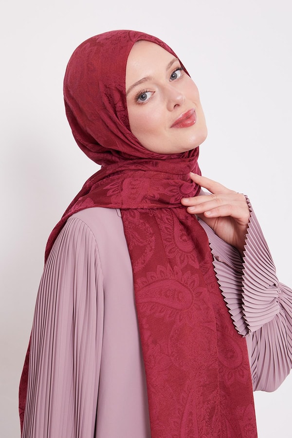 Vişne Etnik Desen İtalyan Jakar Şal