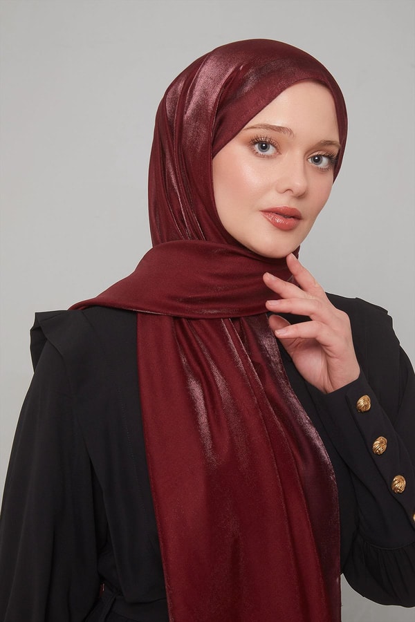 Vişne Şerit Desen Kehribar Şal