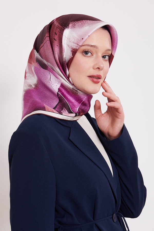 Vişne Yansıma Yaprak Desen Twill İpek Eşarp