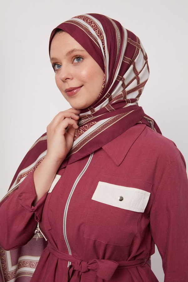 Vişne Şeritli Varak Desen Love Şal