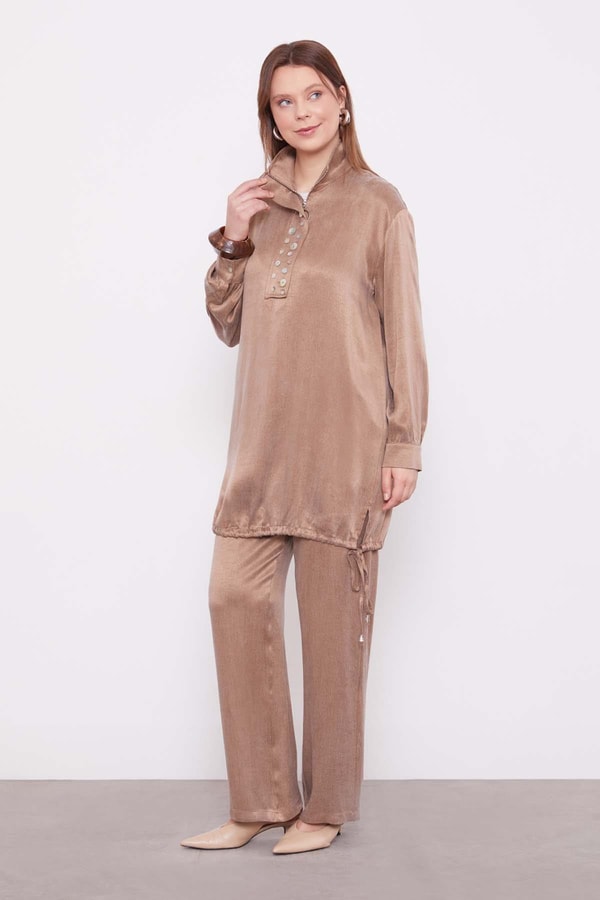 Vizon Dik Yaka Düğme Detaylı Cupra İkili Takım