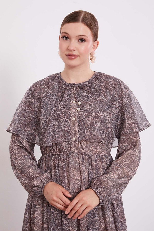 Vizon Etnik Desenli Şifon Elbise