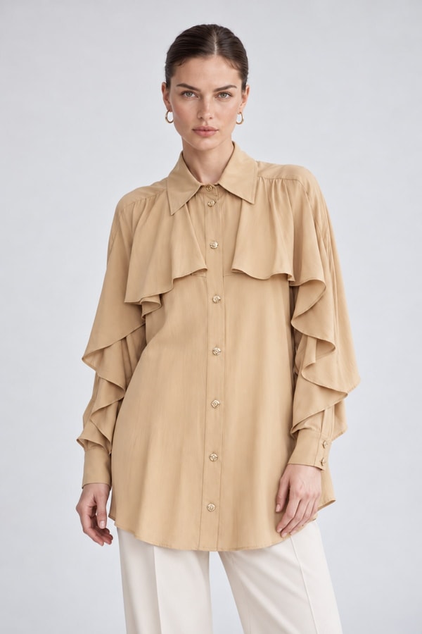 Volan Detaylı Gömlek Camel