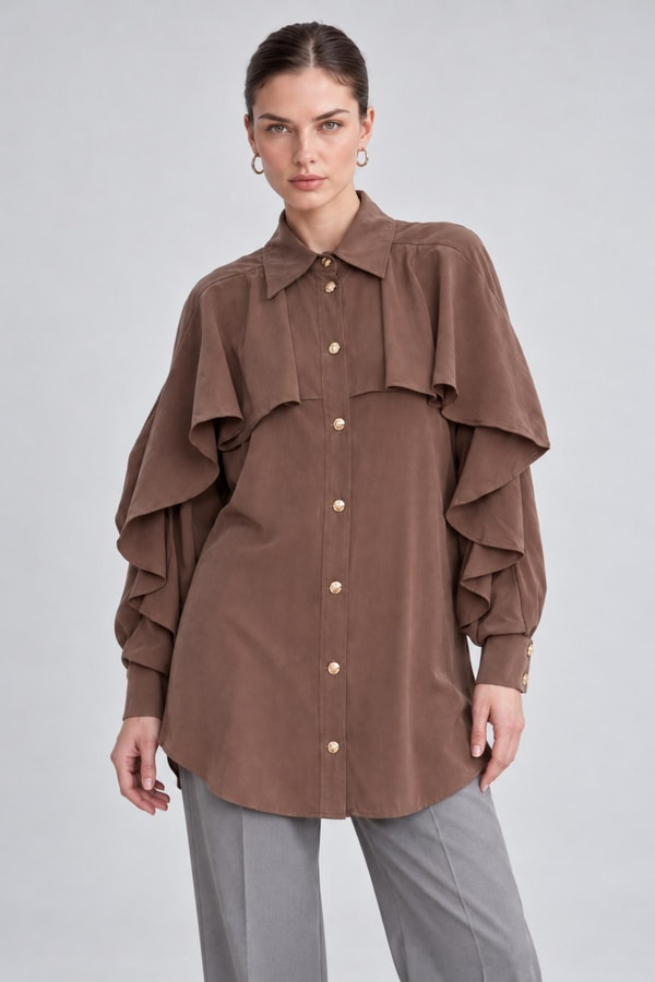 Volan Detaylı Gömlek Kahve