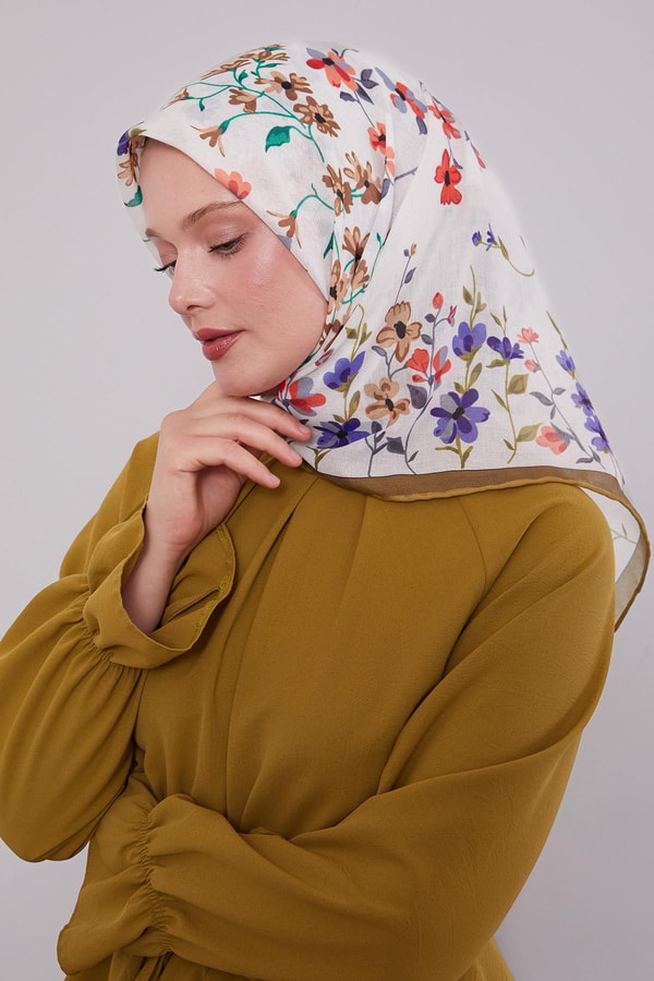 Yağ Yeşili Çiçek Dalı Desen Soft Eşarp