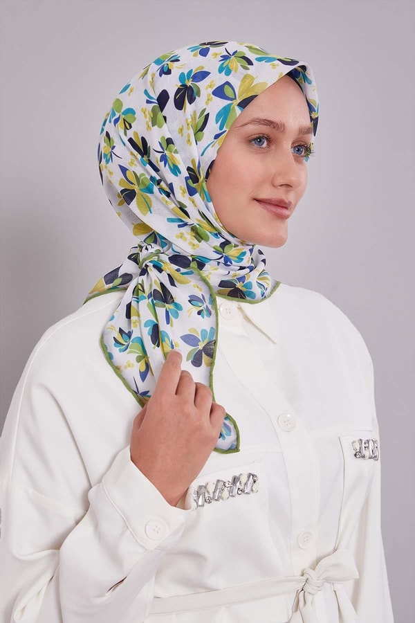 Yağ Yeşili Çiçek Desen Soft Eşarp