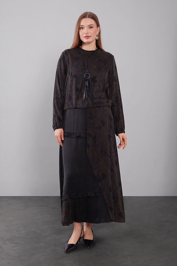 Yağ Yeşili Mini Fırfır Detaylı Cupra Etek Takım