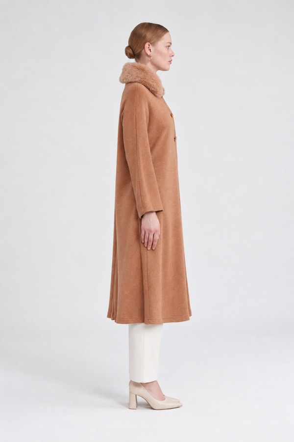 Yakası Kürklü Kaşmir Hırka Camel