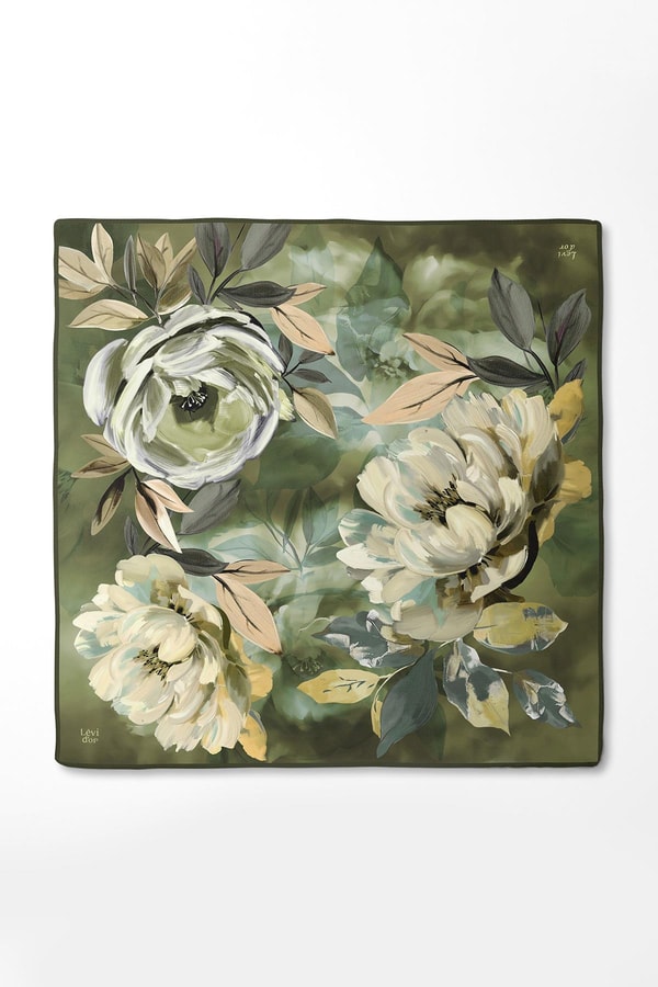 Yeşil Çiçek Desenli Twill İpek Eşarp