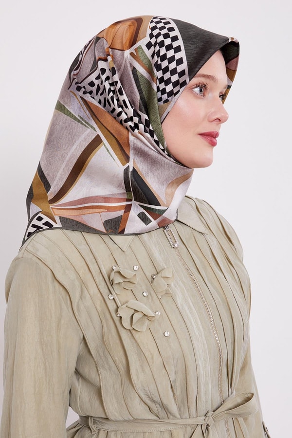 Yeşil Dama Desen Twill İpek Eşarp