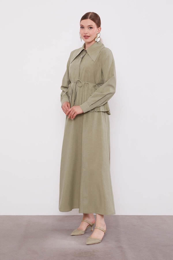 Yeşil Etek Ucu Pileli Cupra Etek Takım