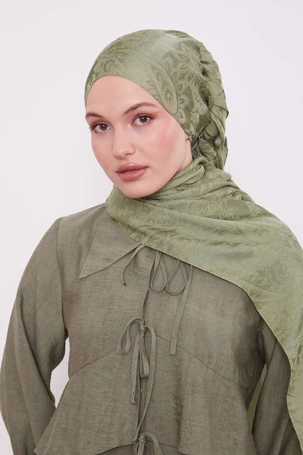 Yeşil Etnik Desen İtalyan Jakar Şal