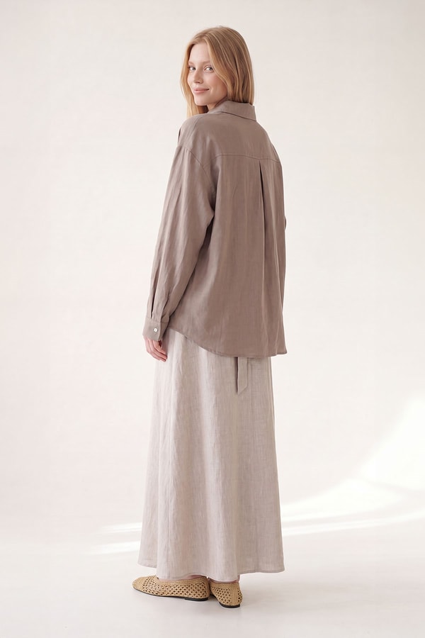Yeşil Keten Dokulu Oversize Gömlek