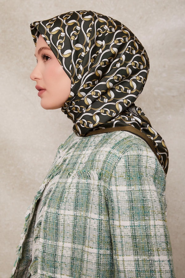 Yeşil Zincirli Desenli Twill İpek Eşarp