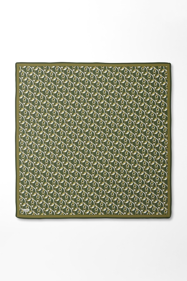 Yeşil Zincirli Desenli Twill İpek Eşarp