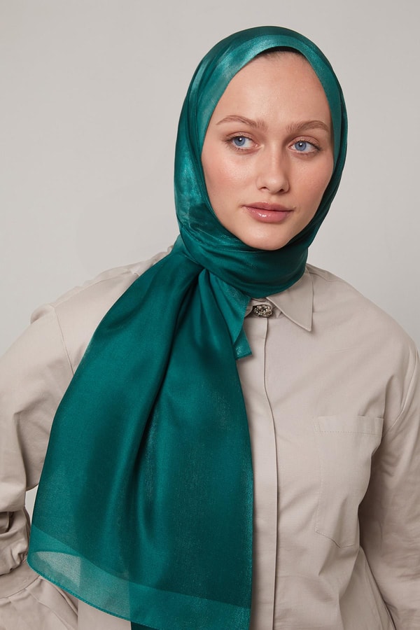 Zümrüt Yeşili Şerit Desen Kehribar Şal