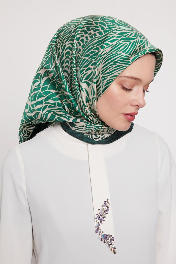 Zümrüt Yeşili Soyut Desen Twill İpek Eşarp