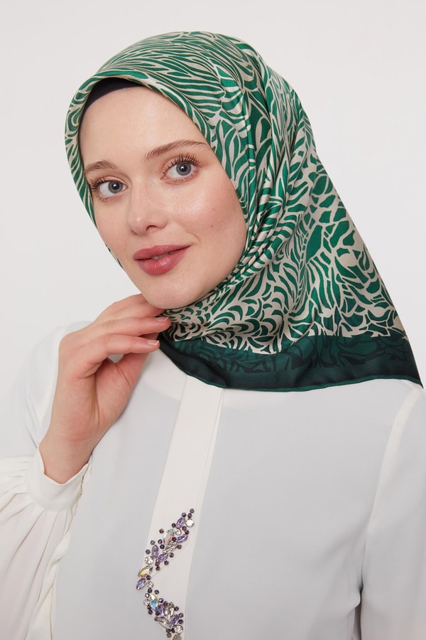 Zümrüt Yeşili Soyut Desen Twill İpek Eşarp