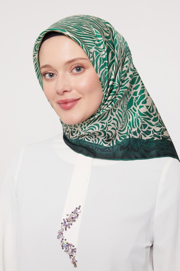 Zümrüt Yeşili Soyut Desen Twill İpek Eşarp