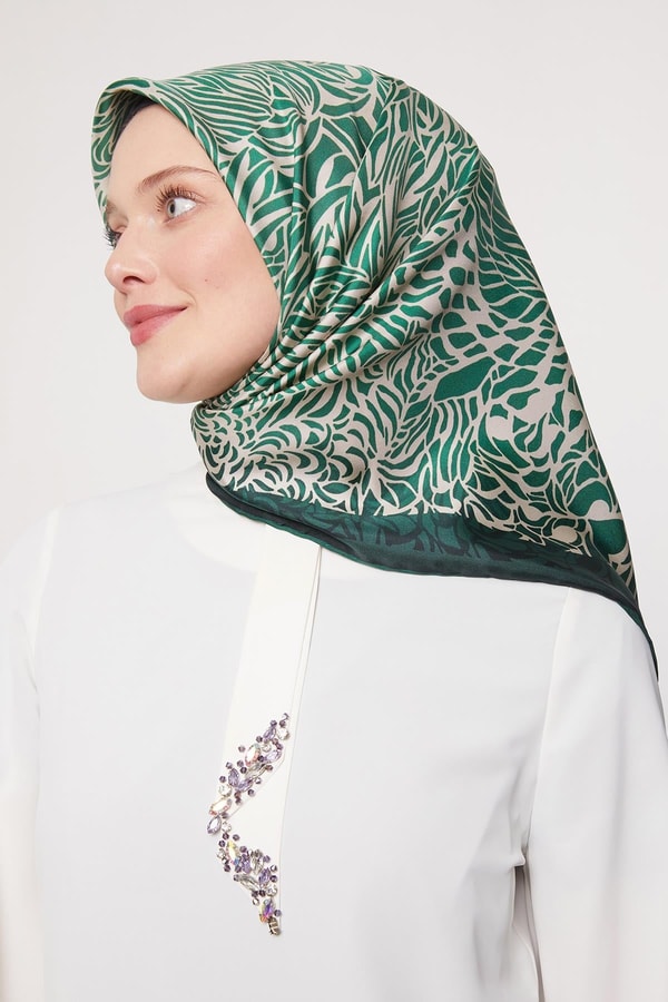 Zümrüt Yeşili Soyut Desen Twill İpek Eşarp
